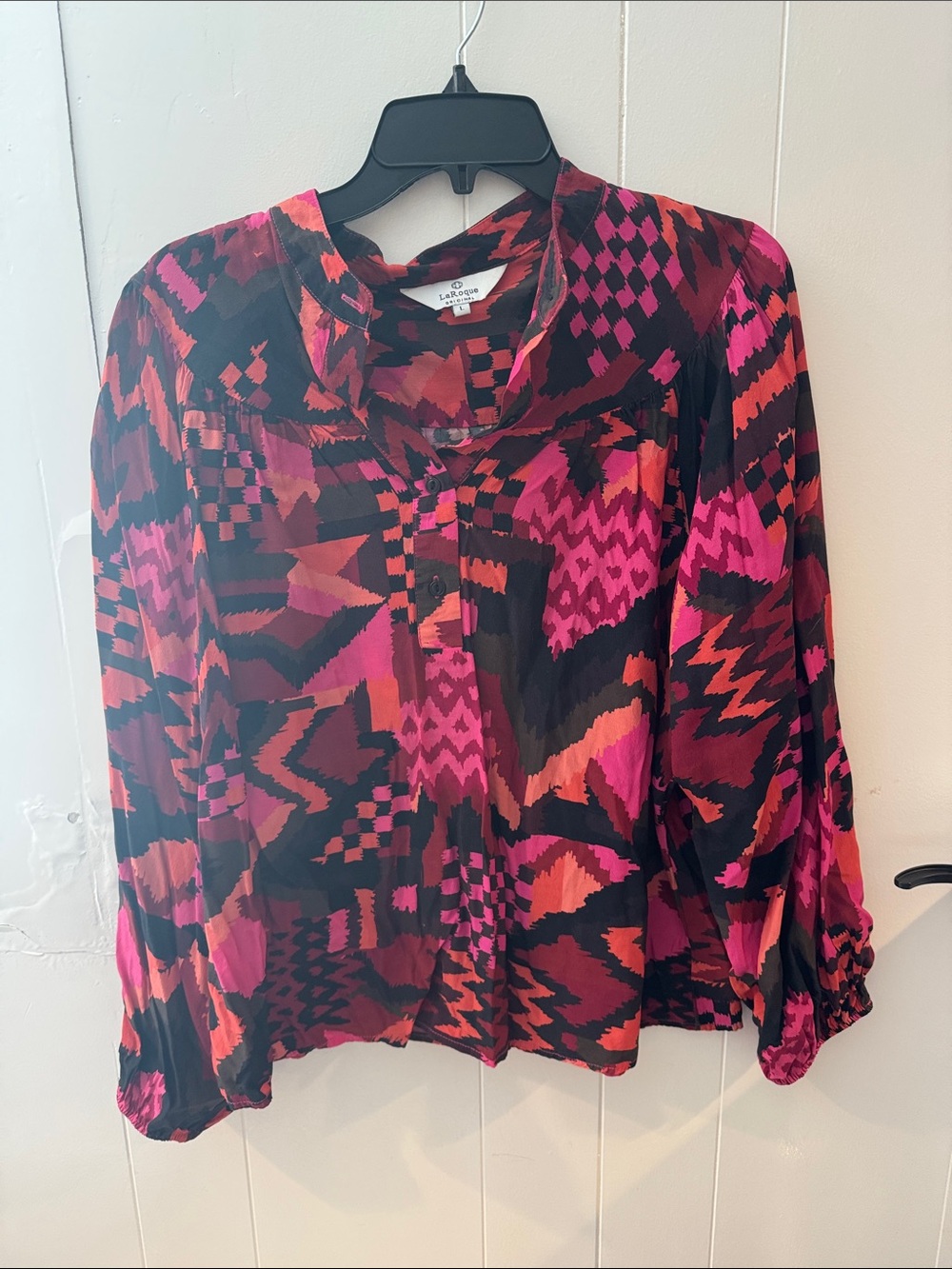 Lafayette 148 New York Pink, Black & Orange Abstract Silk Blouse